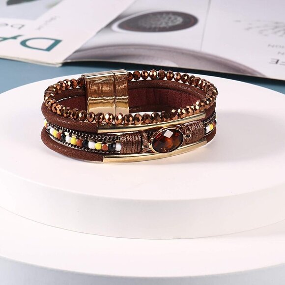 Leather Wrap Bracelet Crystal Beads Boho Cuff Stone Charm Adjustable - Picture 5 of 6